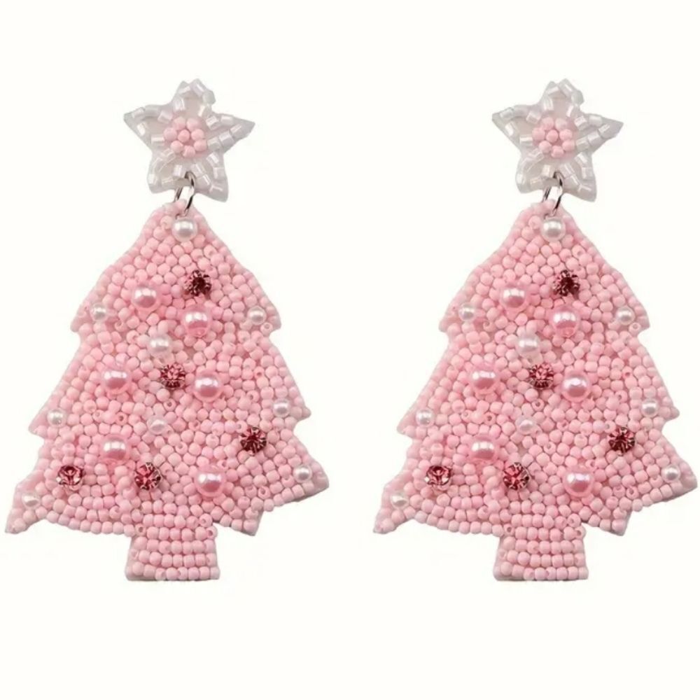 PINK CHRISTMAS TREE seed rice bead earrings